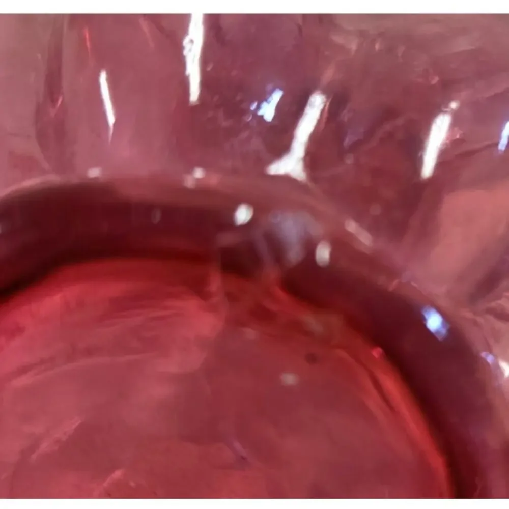 Fenton Cranberry Melon Optic Mini Pitcher Ruffled Rim Applied Clear Handle Vase